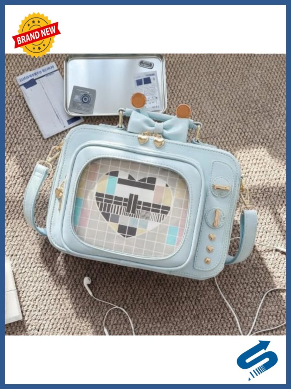 Faux Leather TV Shaped Ita Bag Crossbody Backpack Clear Window Pin Display - Picture 2 of 6